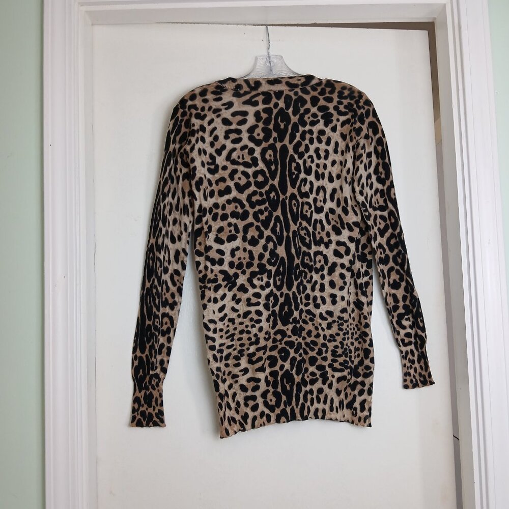 Leopard Print 100% Cotton V-Neck Abalone Button-Up Cardigan With Pockets Sz L - Picture 11 of 15